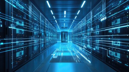 A futuristic data center with glowing blue lights and fast data streams, representing AI, cloud computing, and cybersecurity. Ideal for tech and IT concepts