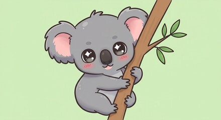 Obraz premium Cute Cartoon Koala Bear Climbing a Tree Branch Illustration