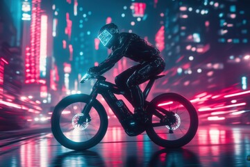 Futuristic Bicycle Rider Navigates Neon-Lit Cityscape With Holographic Displays and Glowing Accents