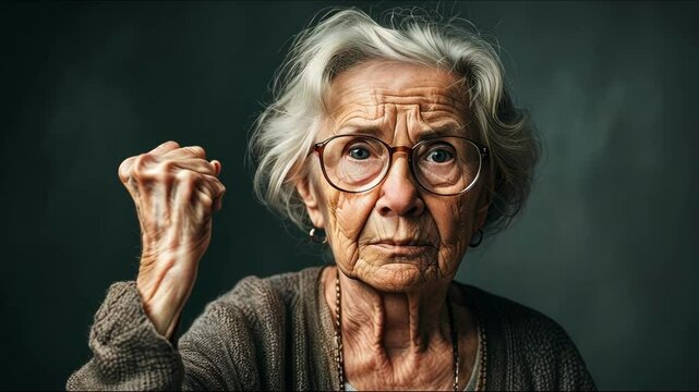 An elderly woman with a determined expression raises her fist