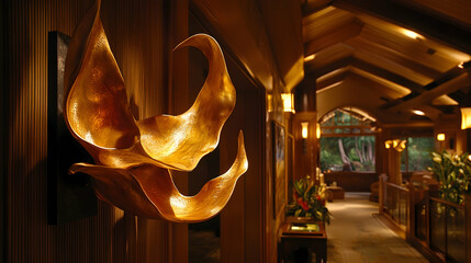 Golden sculpture in upscale hallway, tropical background, interior design
