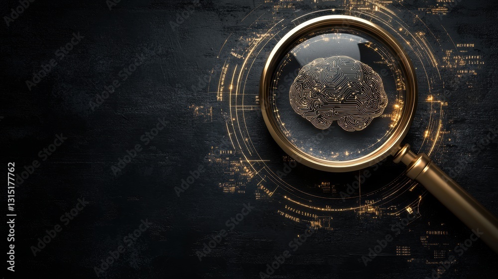 Poster Exploring transparency and oversight in artificial intelligence through a detailed examination of a digital brain under a magnifying glass