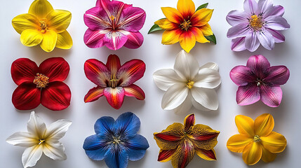 Vibrant flower arrangement, various colors and types, flat lay