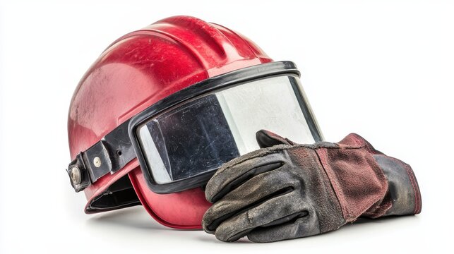 A close-up of a welding helmet and welding gloves on a white isolated background