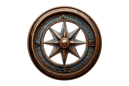 Bronze compass with a star isolated on transparent background