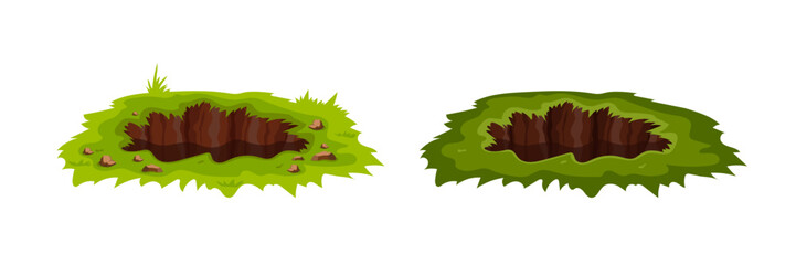 Two cartoon grass-covered holes with rocks and soil, illustrating nature and terrain.