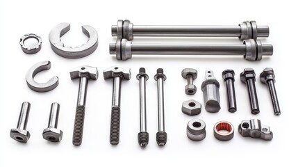 Fototapeta premium A set of scaffolding tools including clamps and bolts on a white isolated background