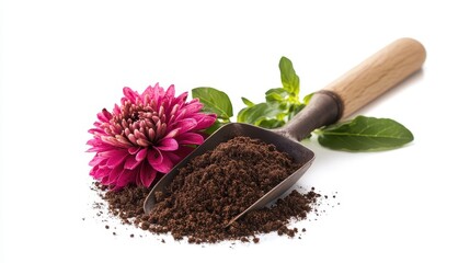 A close-up of a shovel with fresh soil and a garden plant on a white isolated background