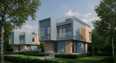 Modern minimalist house exterior design with serene garden landscape