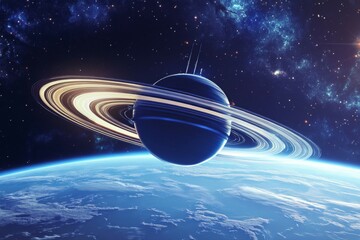 Generative AI artwork depicting a vibrant view of Saturn with its iconic rings above Earth’s atmosphere