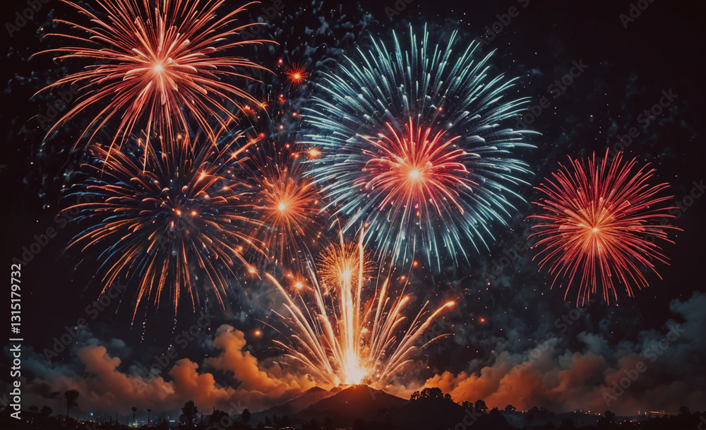 Aufkleber fireworks display with a large firework in the center. the fireworks are in the sky and are lit up i