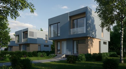 Modern residential architecture, contemporary house designs in a lush green neighborhood