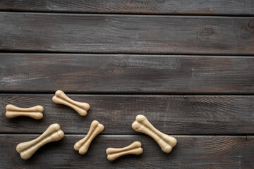 Food and treats for pets - chew bones, top view