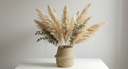 Naklejka premium 柔らかな光に照らされ輝く、 pampas grassとユーカリの美しい花束. AI Generated