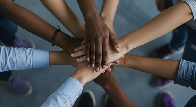 Multicultural group stacking hands in solidarity to show unity and teamwork
