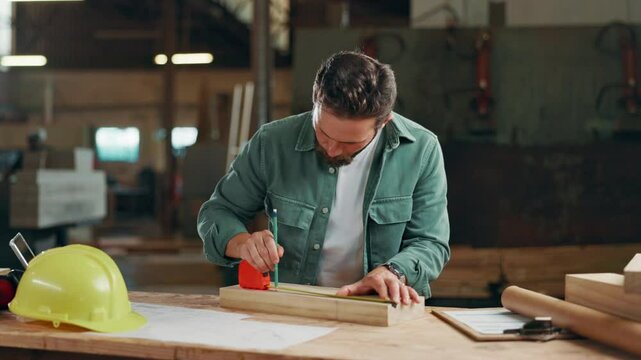Man, carpenter and measuring tape at factory for wood, drawing or design process at warehouse. Person, tools and pencil for plank, planning or creative for furniture, manufacturing or job in workshop