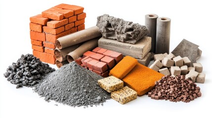 A collection of construction materials such as bricks, cement, and mortar on a white isolated background