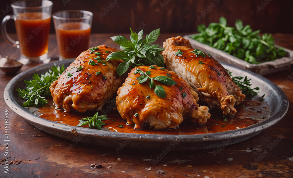 Poster three pieces of chicken are covered in herbs and spices and are sitting on a silver tray. the tray i