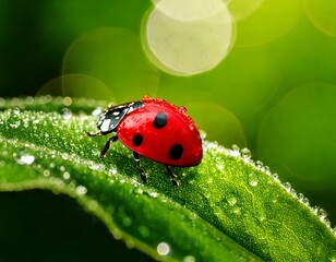 Marienk&auml;fer auf taufrischem Blatt &ndash; Fr&uuml;hlingshafte Makrofotografie mit glitzernden Wassertropfen
