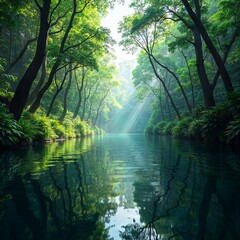 Obraz premium Quiet River in the Luminous Forest