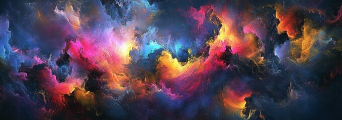 Vibrant cosmic nebula with swirling colorful clouds and nebulous textures.