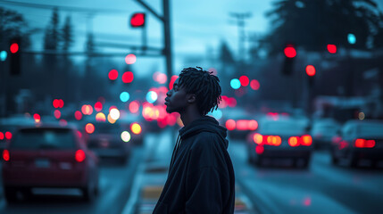 Young man standing at urban intersection during twilight