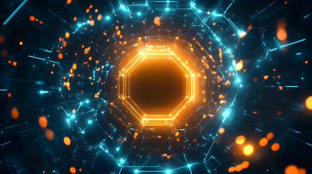 Futuristic Neon Octagon Tunnel Abstract Digital Corridor with Glowing Lines and Particles