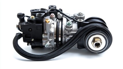 A close-up of a car engine water pump with hoses and belts on a white isolated background