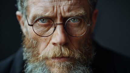 A closeup portrait of an elderly man with a thick beard and glasses staring intently against a dark background