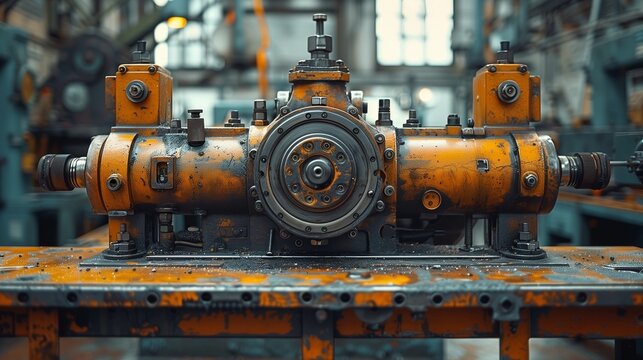 A detailed view of a weathered industrial engine component with gears and bolts on a rusty workbench in a factory setting