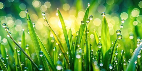 Fototapeta premium Spring Dew Drops Panoramic Photography: Fresh Grass, Morning Sunlight, Nature Wallpaper