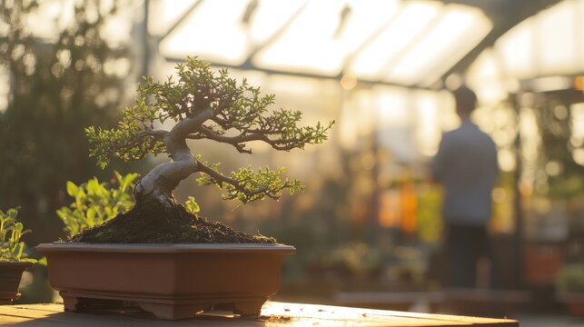 Sunlit bonsai tree in a greenhouse with blurred person.