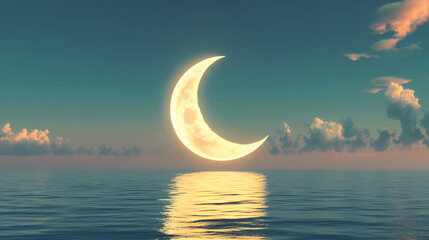 A serene, surreal scene of a glowing crescent moon emerging from a calm, reflective ocean. Surreal - City. Illustration