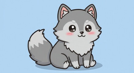 Obraz premium Cute Cartoon Wolf Sitting Down with Blue Background for Children Illustration