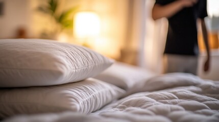 Two fluffy white pillows on a bed, a person in the background getting ready for the day.