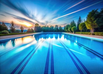 Stunning Horizontal Blue Pool Photography, Long Exposure Swimming Pool Water, Serene Aquatic Scene