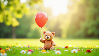 Cheerful teddy bear holding balloon in sunny park, joyful celebration