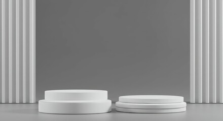 Minimalist white podiums, Circular platforms, Abstract geometric shapes, Clean modern interior, Vertical striped background, Monochromatic design, Sleek exhibition space, Product display concept, Arch