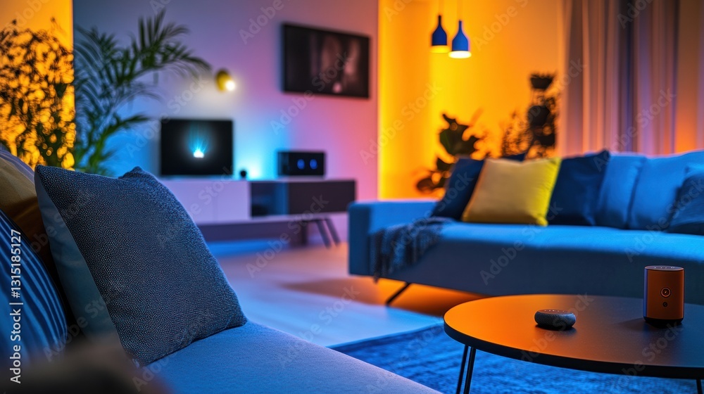 Fototapete stylish living room with smart speakers and dynamic lighting changes by user commands