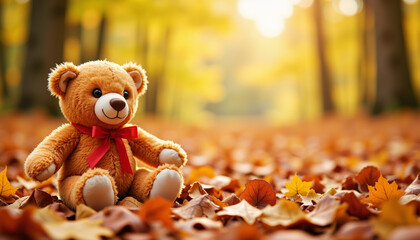 Plush teddy bear resting among autumn leaves in forest, whimsical charm