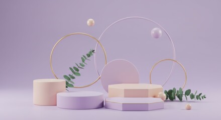 Minimalist product display, Pastel pink and lavender background, Geometric shapes, Circular arches, Cylindrical pedestals, Gold sphere accent, Eucalyptus sprigs, Soft lighting, 3D rendering, Clean aes