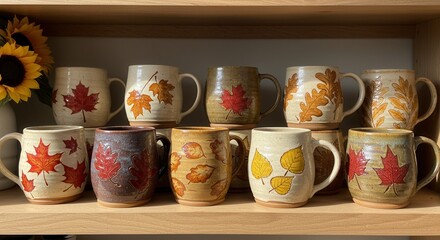 Fall Leaves Ceramic Mugs Collection on Wooden Shelf with Sunflower Accent