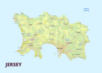 Obraz premium This detailed map showcases the island of Jersey, highlighting its various towns and geographical features. The map is rendered in a light green color scheme, with roads and waterways clearly marked. 