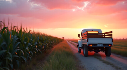Fototapeta premium Vintage pickup truck on scenic dirt road at sunset surrounded by lush cornfields capturing rural nostalgia and countryside charm