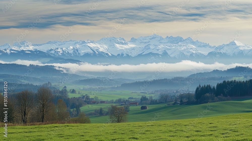 Poster scenic view of snow capped mountains with mist and green hills under an expansive sky