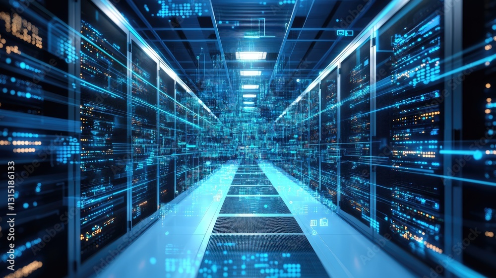Poster A futuristic data center with glowing blue lights and advanced digital interfaces, symbolizing AI, cloud computing, and cybersecurity. Ideal for tech, IT, and data security concepts