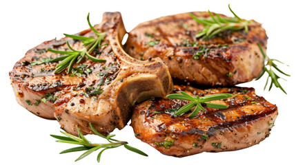 Grilled pork chops with rosemary on transparent background