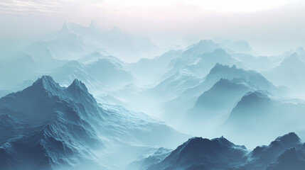 An ethereal 3d landscape of misty mountains with surfaces that glisten and reflect light, evoking a sense of calm and awe in a surreal environment. Surreal - City. Illustration