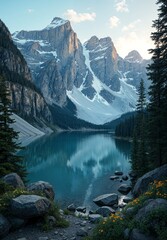 Fototapeta premium Reflections of Solitude: A Snow-Capped Mountain Oasis