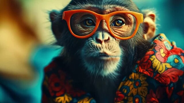 A monkey wearing glasses and a colorful shirt. The image has a playful and lighthearted mood. smooth repeating motion for background video animation